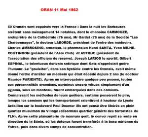 ORAN - 11 Mai 1962 
----
Arrestation de 
 Joseph LARIOS 
Sportif
et expulsion vers la France 
---- 
  Site Internet 
